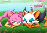  amy_rose ass bbmbbf feet looking_at_viewer mobius_unleashed palcomix pietro&#039;s_secret_club pink_fur rouge_the_bat sega sonic sonic_(series) white_fur 