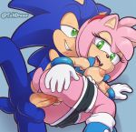  1boy 1girl amy_rose archie_comics boots bracelet breasts cosplay erect_nipples eyelashes gloves green_eyes grin hairband half-closed_eyes hedgehog humanoid_penis male/female open_mouth open_vest pants_down penis pussy_juice sally_acorn sega shorts sonic_(series) sonic_the_hedgehog sonic_the_hedgehog_(series) spoon_position spread_ass testicles the_other_half vaginal_penetration 