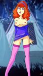  1girl breasts daphne_blake dress dress_lift exposed_breasts female hairband no_bra no_panties partially_clothed pussy red_hair scooby-doo standing stockings 