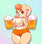  1girl 1girl alcohol anthro beer beverage big_breasts breasts cleavage clothed clothing digital_media_(artwork) eyelashes furry hair holding_object hooters lagomorph looking_at_viewer mammal mature_female navel nitro pattern_background rabbit sega shirt simple_background smile tank_top vanilla_the_rabbit voluptuous wide_hips 