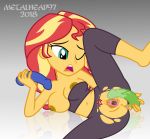  1girl breasts dildo equestria_girls female female_human friendship_is_magic leg_lift mostly_nude my_little_pony one_eye_closed pussy reflection sunset_shimmer sunset_shimmer_(eg) two_tone_hair 