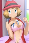  blonde_hair bra looking_at_viewer pink_bra pokemon pokemon_(anime) pokemon_xy serena serena_(pokemon) shirt_lift shirt_open short_hair smile wavy_hair zel-sama 