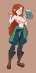  1girl axe bare_shoulders belly big_breasts boots breasts dirty disney female female_only flannel gravity_falls high_resolution hips legs long_hair navel nipples pants red_hair shoes simple_background solo thighs topless weapon wendy_corduroy 