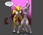  1girl 2018 abs anthro bound breasts canine clitoris cum cum_splatter digimon digital_media_(artwork) dildo dragon female/female fluffdragon furry hair heart_shaped_pupils kansyr mammal markings muscular muscular_female nhala_levee nipple_piercing nipples orgasm piercing pussy pussy_ejaculation renamon sex_toy simple_background standing tattoo text tongue whiskers white_hair wide_hips 
