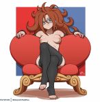  2018 android android_21 areolae big_breasts black_nails breasts breasts_apart chair dragon_ball dragon_ball_fighterz dragon_ball_super dragon_ball_z female glasses looking_at_viewer medium_breasts nail_polish nipples noisetanker nude painted_nails signature sitting small_breasts solo stockings 