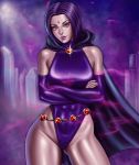  1girl arms_crossed big_breasts blue_eyes breasts cape clothed dc dc_comics elbow_gloves female female_only flow4master forehead_jewel grey_skin half_demon hips leotard looking_at_viewer purple_hair purple_nails raven_(dc) revealing_clothes sexy short_hair slut solo standing superheroine teen_titans thighs thong_leotard 