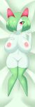  1girl big_breasts blush breasts female female_only female_pokemon green_hair green_stockings hair_over_one_eye kirlia looking_at_viewer mostly_nude no_panties pokemon pussy red_eyes sblueicecream short_hair solo stockings 