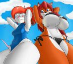  1girl 2018 absurd_res anthro big_breasts bikini blue_eyes breast_envy breast_size_difference breasts buckteeth canine cleavage clothed clothing cloud cloudscape creatiffy day duo eyewear fox fur furry glasses hair high_res huge_breasts looking_at_viewer looking_down low-angle_view mammal mouse multicolored_fur navel one-piece_swimsuit orange_fur outside red_eyes red_hair rodent side-tie_bikini sky small_breasts swimsuit teeth two_tone_fur underboob white_fur 