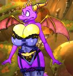  1girl 1girl big_breasts breasts dragon panties purple_skin scalie spyro spyro_the_dragon stockings swamp tail thick_thighs underwear video_games voluptuous 