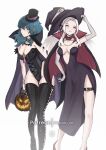  2023 2_girls alluring alternate_costume artist_name big_breasts blue_eyes breasts byleth_(fire_emblem) byleth_(fire_emblem)_(female) cape chascoby choker cleavage edelgard_von_hresvelg female_only fire_emblem fire_emblem:_three_houses gloves hair_between_eyes hair_ornament hair_ribbon halloween high_res jack-o&#039;-lantern light-skinned_female light_skin nintendo plain_background purple_eyes stockings teal_hair thick_thighs watermark white_background white_hair witch_hat wrist_cuffs 