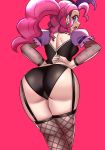  1girl ass blue_eyes female female_only fishnet_stockings friendship_is_magic garter_straps humanized kneepits long_hair long_pink_hair looking_at_viewer my_little_pony panties partially_clothed pink_hair pinkie_pie pinkie_pie_(mlp) solo standing stockings 