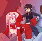  1boy 1girl 1girl big_breasts black_hair blue_eyes breasts couple darling_in_the_franxx erect_nipples erect_nipples_under_clothes green_eyes high_resolution hiro_(darling_in_the_franxx) horns long_hair looking_back male nipples pilot_suit pink_hair short_hair sweat tenk zero_two_(darling_in_the_franxx) 