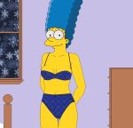  bellybutton black_eyes blue_hair bra breasts eyelashes female female_only marge_simpson milf mom mommy mother panties parent sexy smile smiling solo the_simpsons underwear yellow_skin 