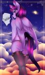  1girl 1girl 2017 absurd_res anthro ass bow clothed clothing cloud dialogue english_text equine eyebrows eyelashes feathered_wings feathers friendship_is_magic furry hair high_res horn legwear looking_at_viewer looking_back mammal moon multicolored_hair my_little_pony night panties portrait purple_eyes purple_feathers rear_view sky speech_bubble standing stockings stockings text three-quarter_portrait twilight_sparkle_(mlp) underwear winged_unicorn wings yukomaussi 