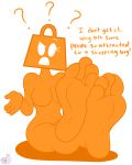 1girl 2016 ? animate_inanimate anthro barefoot breasts buddythesketcher english_text featureless_breasts feet foot_focus humanoid humanoid_feet looking_at_viewer navel nintendo nintendo_3ds not_furry orange_skin shopping_bag shopping_bag_(3ds) shrug signature simple_background soles text toes toony video_games
