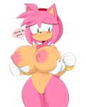  1girl 2018 amy_rose anthro areola big_breasts blush bracelet breast_grab breasts clothing dialogue disembodied_hand english_text eyelashes furry gloves green_eyes hair hand_on_breast hedgehog high_res huge_breasts jewelry jinu mammal nipples pink_hair pussy sega short_hair simple_background solo_focus sweat text white_background 