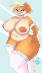  1girl 1girl 2018 anthro areola bedroom_eyes big_breasts blonde_hair breasts buckteeth clothed clothing eyelashes eyeshadow furry hair half-closed_eyes hand_on_hip high_res huge_breasts l-a-v_(artist) lagomorph legwear lingerie looking_at_viewer looney_tunes makeup mammal mature_female patricia_bunny rabbit seductive smile stockings teeth the_looney_tunes_show thick_thighs topless voluptuous warner_brothers wide_hips 