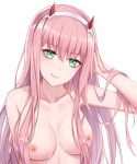1girl :q ain_(3990473) bangs big_breasts blush breasts breasts_apart clavicle closed_mouth cum cum_on_body cum_on_breasts cum_on_upper_body darling_in_the_franxx eyebrows_visible_through_hair facial green_eyes hairband hand_in_hair high_resolution horns licking_lips long_hair looking_at_viewer medium_breasts naughty_face nipples nude one_arm_up pink_hair shiny shiny_hair simple_background smile straight_hair tongue tongue_out tsurime upper_body very_long_hair white_background white_hair_ornament white_hairband zero_two_(darling_in_the_franxx)