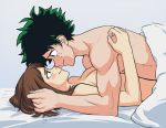  1boy 1girl bed blanket blush blush_stickers breasts brown_hair couple duo erect_nipples eye_contact face-to-face happy_sex izuku_midoriya looking_at_another looking_at_each_other love male messy_hair missionary_position my_hero_academia nipples nude ochako_uraraka on_back on_bed romantic sex side_view sideboob smile suoiresnuart under_covers 