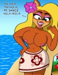  1girl alluring anthro areola bandicoot beach big_breasts blonde_hair breasts crash_bandicoot_(series) eyelashes eyeshadow flower_in_hair furry green_eyes huge_breasts large_hair legs long_hair miniskirt navel nipples open_mouth outside sexy skirt slut smile standing stomach tawna_bandicoot text topless 