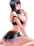 1girl areolae ass back bangs bare_shoulders barefoot black_hair blush breasts female highres huge_breasts kagami_hirotaka long_hair looking_at_viewer looking_back midriff miniskirt nico_robin nipples one_piece parted_lips short_hair simple_background sitting skirt smile solo strap_slip tank_top wariza white_background yellow_eyes 