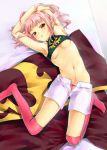  1girl anya_alstreim armpits arms_up bow bow_panties breasts code_geass flat_chest kayou_(artist) nipple_slip nipples panties pink_hair red_eyes shorts solo thighhighs underwear 