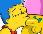 blue_hair cartoon_milf cheating cheating_wife closed_eyes fellatio krusty_the_clown marge_simpson mature_female pearls shaped_pubic_hair the_simpsons veiny_penis yellow_skin