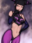  bangs bare_shoulders belly big_breasts black_hair blunt_bangs breasts capcom detached_sleeves drill_hair elbow_gloves fumio_(rsqkr) gloves hair halter_top halterneck hand_on_hip hips humio juri_han looking_to_the_side midriff navel purple_eyes short_hair solo street_fighter street_fighter_iv super_street_fighter_iv twin_drills twin_tails violet_eyes 