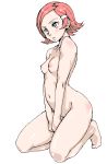  1girl ass barefoot fever-san green_eyes kneeling lips nipples nude overman_king_gainer sara_kodama short_hair simple_background small_breasts solo white_background 