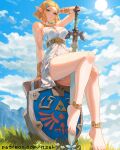  1girl 1girl alluring bare_shoulders barefoot big_breasts blonde_hair blue_eyes blue_sky braid cloud commentary crown_braid dress english_commentary hair_ornament hairclip itzah jewelry master_sword necklace nintendo panties pantyshot parted_lips patreon_username pixel_art planted planted_sword planted_weapon pointy_ears princess_zelda short_hair sitting sky smile sun sword the_legend_of_zelda the_legend_of_zelda:_tears_of_the_kingdom underwear weapon white_dress white_panties 