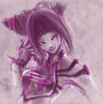  bare_shoulders barion black_hair bust capcom drill_hair fingerless_gloves gloves halter_top halterneck juri_han looking_at_viewer monochrome purple purple_background sketch smile solo street_fighter street_fighter_iv twin_drills twintails upper_body 