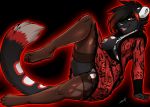 1girl 2016 anthro black_fur black_hair bottomless breasts clothed clothing codeine dress feline fur furry hair legwear looking_at_viewer mammal nipple_piercing nipples one_breast_out open_shirt piercing pussy reclining red_eyes red_fur red_hair smile stockings white_fur