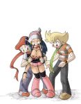  barry_(pokemon) big_breasts dawn dawn_(pokemon) embarrassed exposed_breasts holding_arms lucas_(pokemon) pokemon shirt_pull trainer_(artist) 