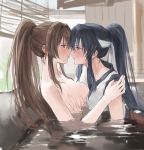 1girl 2_girls bathing big_breasts black_hair blush breast_grab breast_squeeze breasts brown_hair clavicle clothed_female_nude_female clothes eye_contact groping headband high_resolution holding_close in_profile kantai_collection kisetsu long_hair looking_at_another multiple_girls nude onsen partially_submerged ponytail pool red_eyes school_uniform see-through serafuku shared_bathing sidelocks tied_hair topless uniform very_high_resolution wafuku water wet wet_clothes yahagi_(kantai_collection) yamato_(kantai_collection) yuri