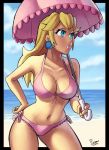  1girl beach blonde_hair blue_eyes breasts female nintendo parasol parsujera_(artist) princess_peach super_mario_bros. swimsuit 