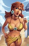  1girl beach breasts female ice_cream nintendo parsujera_(artist) princess_daisy super_mario_bros. swimsuit 