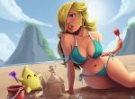  1girl alluring beach breasts female hair_over_one_eye luma nintendo parsujera_(artist) princess_rosalina rosalina sand_castle super_mario_bros. swimsuit 