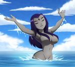  1girl alternate_hairstyle big_breasts breasts closed_eyes convenient_censoring dc dc_comics dcau female female_frontal_nudity female_nudity fully_nude fully_nude_girl hair_over_breasts nude raven_(dc) ravenravenraven skinny_dipping solo teen_titans water wet 