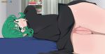  ass_focus bedroom black_dress dress_lift embarrassed exposed_anus exposed_pussy female_only green_eyes green_hair hot looking_at_viewer looking_back mandio_art no_panties on_bed on_side one-punch_man open_mouth tatsumaki_(one-punch_man) uncensored 