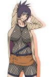  1girl anko_mitarashi blush breasts cleavage clenched_teeth coat dango female fishnet fishnet_clothes fishnet_top fishnets forehead_protector fully_clothed headband hentai konohagakure_symbol large_breasts looking_at_viewer naruho naruto neck necklace open_coat open_jacket purple_hair shadow solo solo_female solo_focus spiked_hair spiky_hair spiky_ponytail stomach teeth white_background woman 
