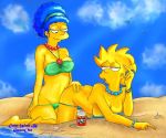 2girls beach beer big_breasts bikini blue_hair breasts female female_only hand_on_ass incest lisa_simpson marge_simpson mother_and_daughter outside pearls the_simpsons thighs thong_bikini yellow_skin yuri