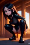  1girl ai_generated black_hair boots cleft_of_venus covered_erect_nipples disney female_only grey_eyes latex_leotard naughty_face pixar pussy seductive_smile small_breasts smile spread_legs squatting stockings the_incredibles thigh_high_boots violet_parr younger_female 
