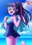 1girl ass bespectacled equestria_girls female female_only friendship_is_magic glasses long_hair looking_at_viewer my_little_pony one-piece_swimsuit outdoor outside ponytail solo standing swimsuit twilight_sparkle twilight_sparkle_(mlp) uotapo 