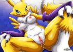  1girl anthro bbmbbf blue_eyes breasts digihentai digimon looking_at_viewer nipples nude palcomix presenting pussy pussy_juice renamon video_games 