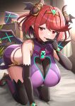  1girl alluring big_breasts core_crystal gonzarez halloween high_res horns leaning_forward light-skinned_female light_skin naughty_face nintendo pyra red_eyes red_hair short_hair succubus succubus_costume thick_thighs xenoblade_(series) xenoblade_chronicles_2 