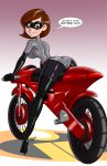  aeolus ass big_ass big_breasts bodysuit breasts disney domino_mask female helen_parr leotard looking_at_viewer looking_back milf motorcycle pixar solo speech_bubble tease text the_incredibles the_incredibles_2 vehicle 