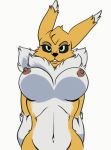  1girl 1girl anthro black_sclera blue_eyes bouncing_breasts breasts canine chest_tuft digimon fur furry gif looking_at_viewer mammal navel nipples nude renamon tuft white_fur yawg yellow_fur 