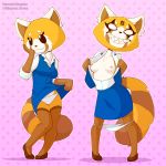  1girl 1girl aggressive_retsuko anthro braless breasts clothed clothing exposed_breasts flashing furry mammal panties panties_down pattern_background pink_background red_panda retsuko sanrio simple_background teasing topless underwear whygena 