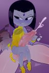  1boy 1girl absurd_res balls bangs black_hair blunt_bangs clothed_female_nude_male clothing cum cumshot dc_comics female_on_top femdom forehead_mark lady_legasus long_penis male penis purple_eyes raven_(dc) size_difference squeezing_testicles teen_titans teen_titans_go theboogie thigh_sex veiny_penis 