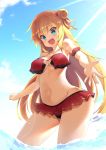  1girl 1girl akai_haato arm_cuffs armpit_peek bare_legs bikini blonde blue_eyes blue_sky blush breast_curtains breasts cleavage cloud cloudy_sky contrapposto day eyebrows_visible_through_hair frilled_bikini frills hair_bun hair_ornament hair_ribbon halterneck heart heart_hair_ornament high_resolution hololive hoppege legs light_rays long_hair looking_at_viewer medium_breasts midriff navel ocean open_mouth outside outstretched_hand partially_submerged reaching_out red_bikini red_ribbon ribbon side_bun sky smile standing sunlight swimsuit thighs tied_hair under_boob virtual_youtuber wading 